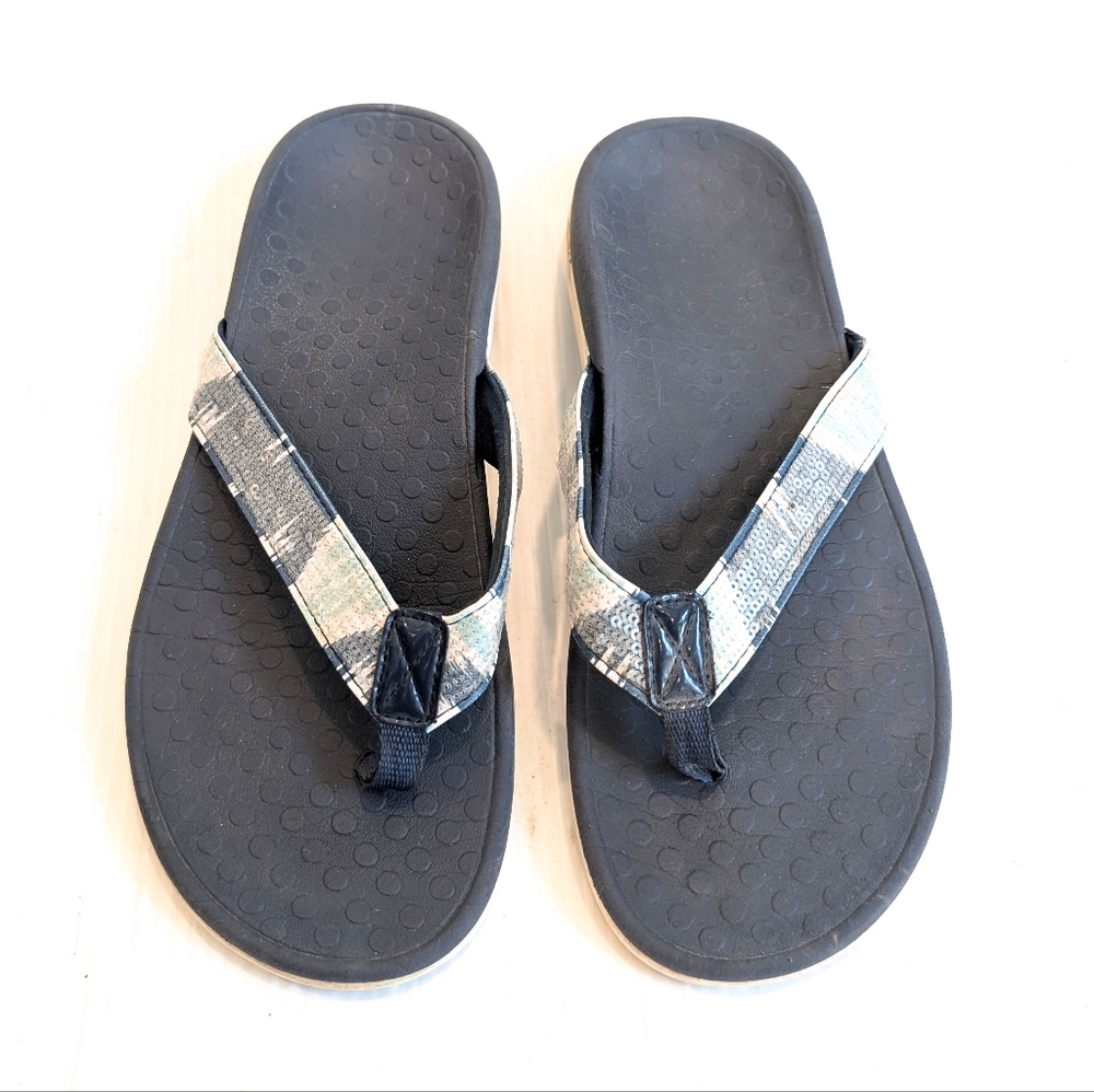 VIONIC Tide Sequins Navy Plaid Strap Toe Post Flip Flops Women's Size 10